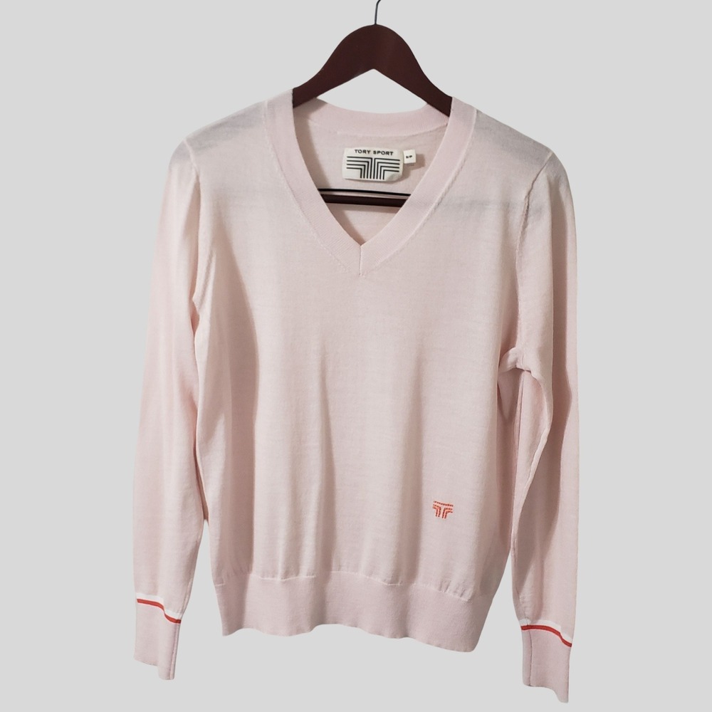 Tory Sport Preppy Merino Wool Blend V-Neck Pullover Sweater Pink Small Logo